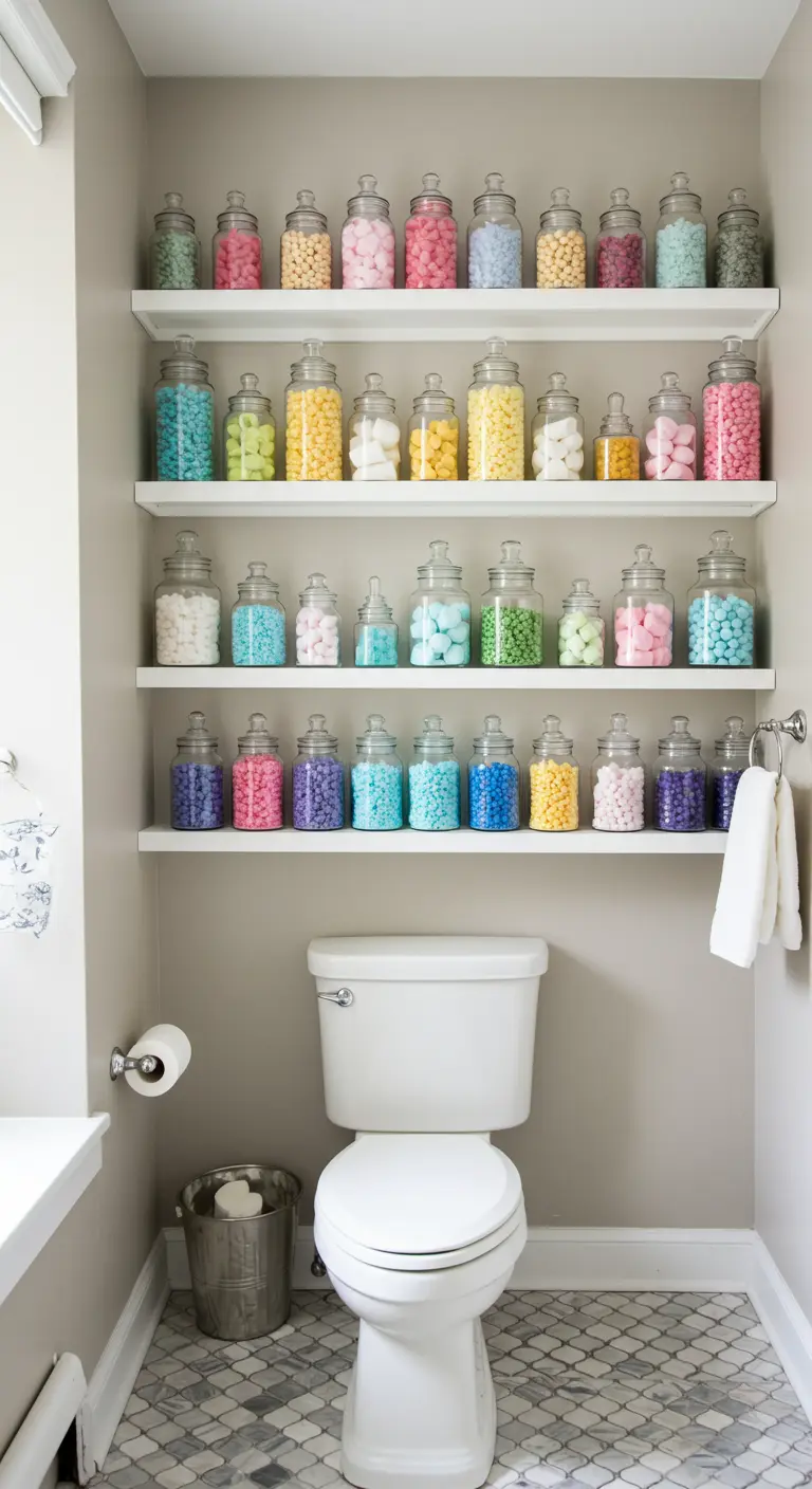 Estanterías blancas sobre el inodoro llenas de frascos de vidrio con productos de baño de colores.