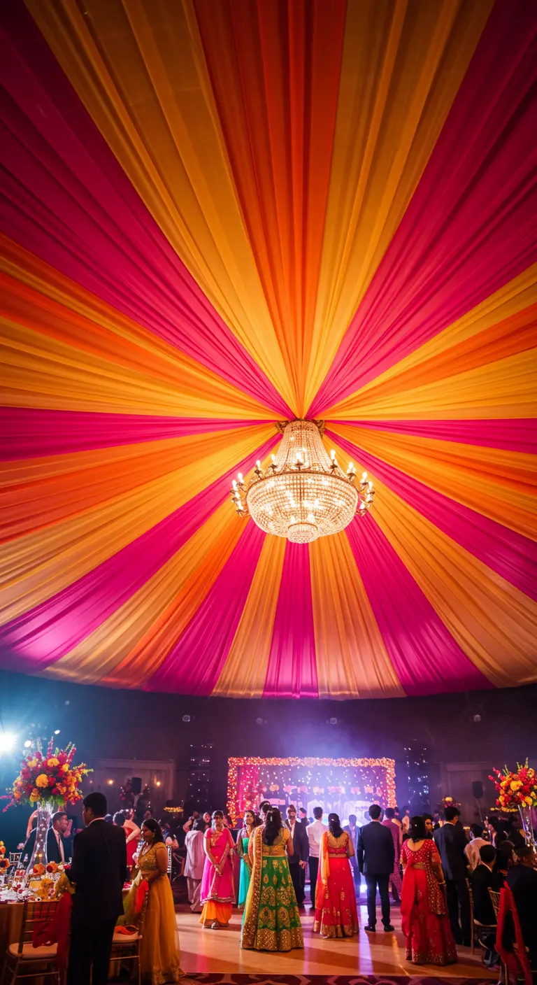 Techo de un gran salón cubierto con telas drapeadas en fucsia, naranja y amarillo.