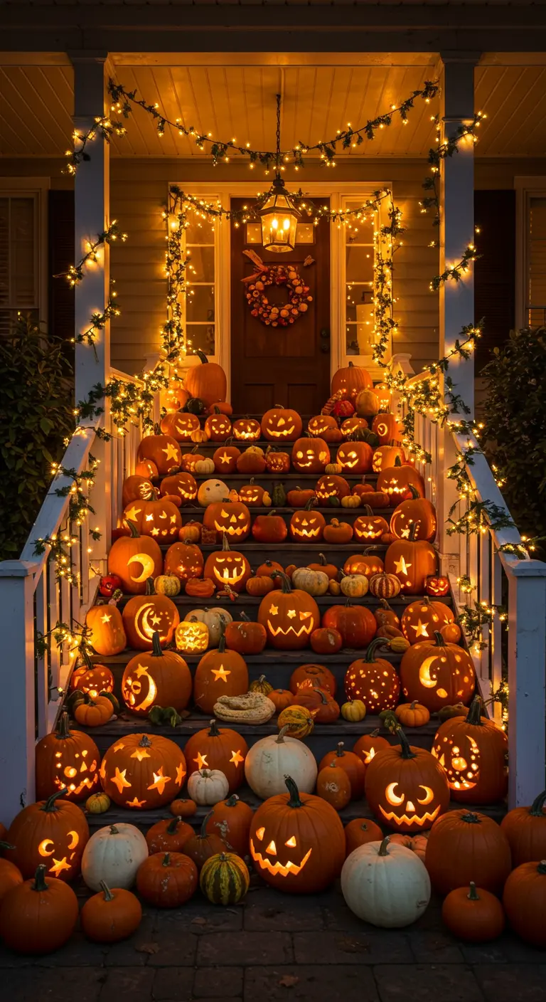 Escalera de porche completamente cubierta por una avalancha de calabazas talladas e iluminadas.