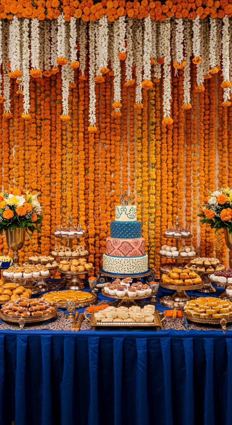 Mesa de dulces con una pared de fondo cubierta completamente por guirnaldas de caléndulas naranjas.