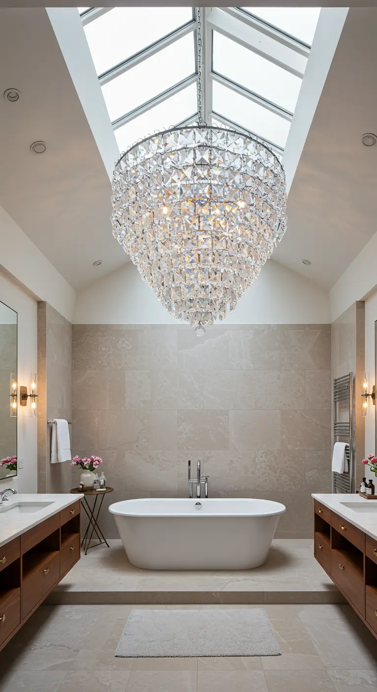 Baño de lujo con un enorme candelabro de cristal colgando de un tragaluz