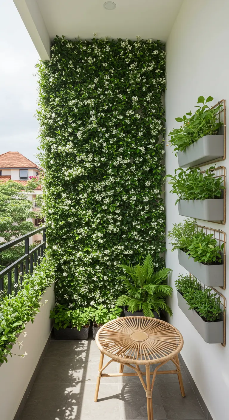 Balcón pequeño con una pared cubierta de jazmín en flor y jardineras verticales.