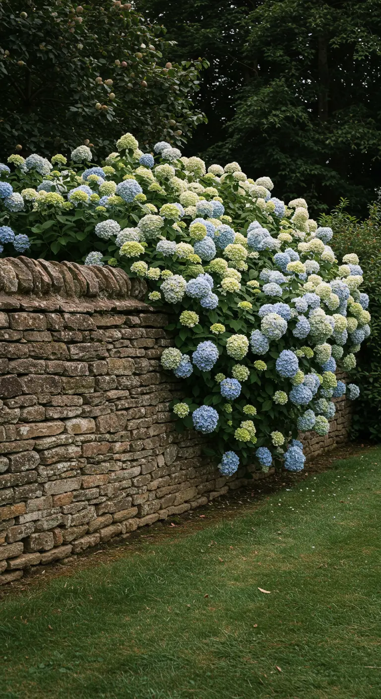 Un viejo muro de piedra cubierto por un enorme arbusto de hortensias azules y blancas.