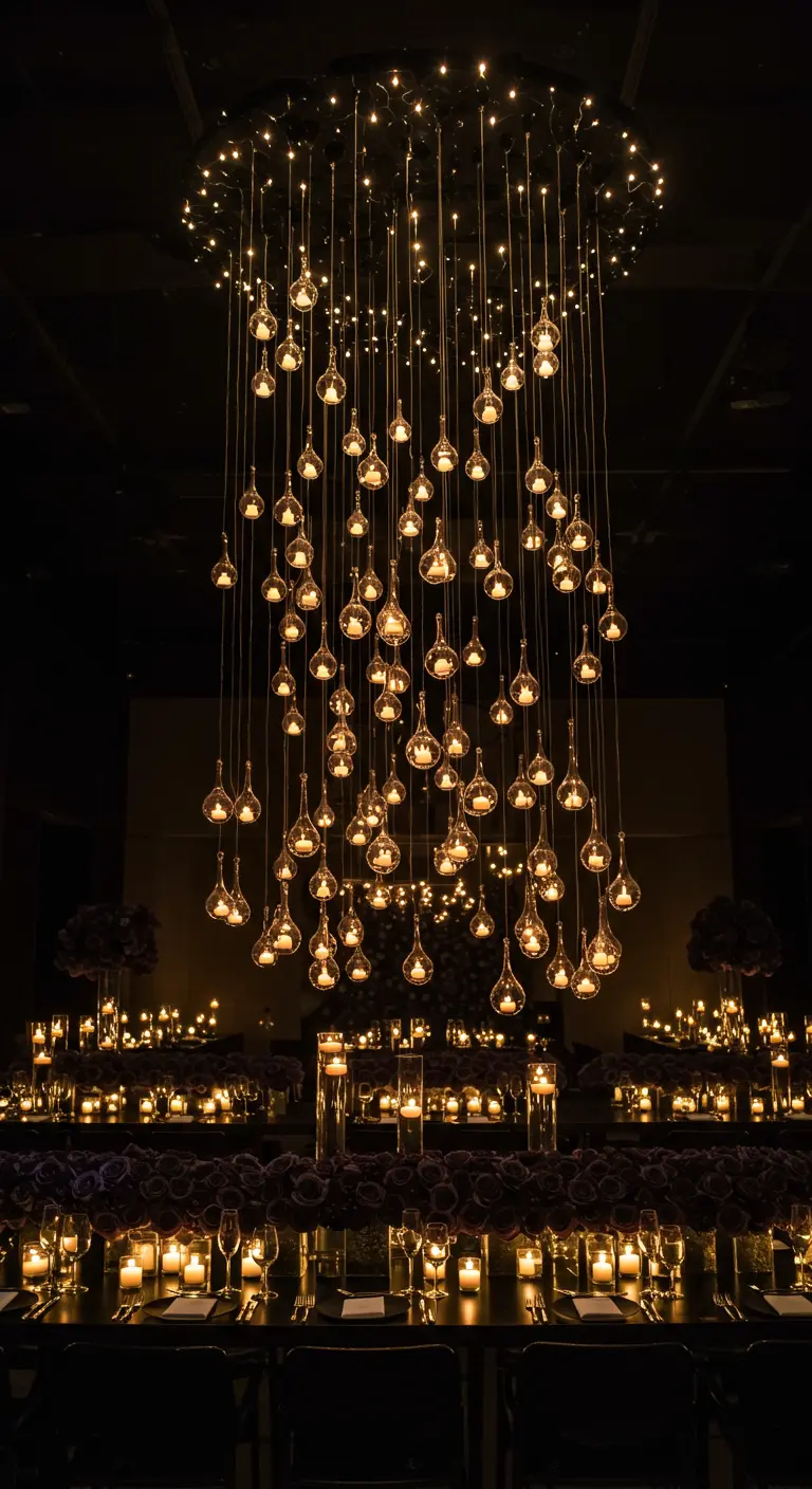 Impresionante instalación de luces colgantes que forman una cascada sobre las mesas de una boda.