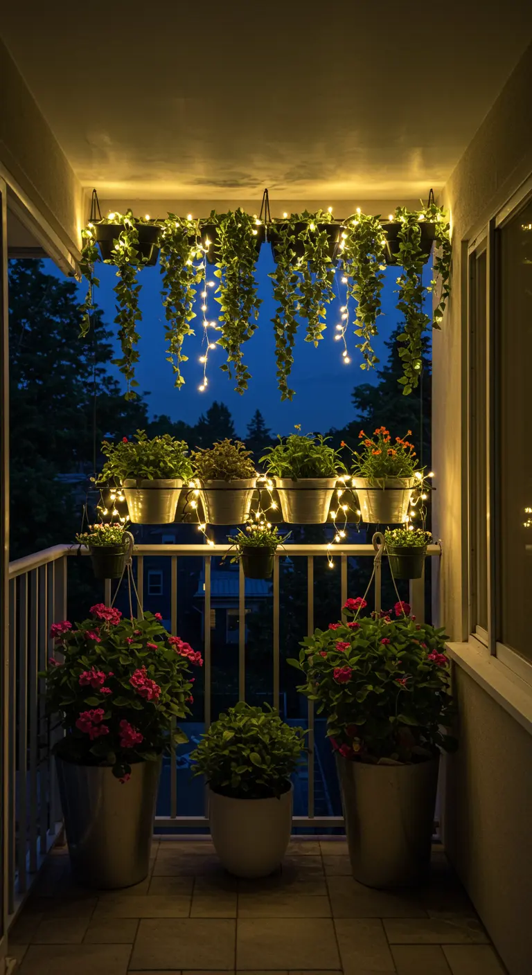Balcón con una cortina de luces de hadas colgando detrás de jardineras con plantas verdes y flores.