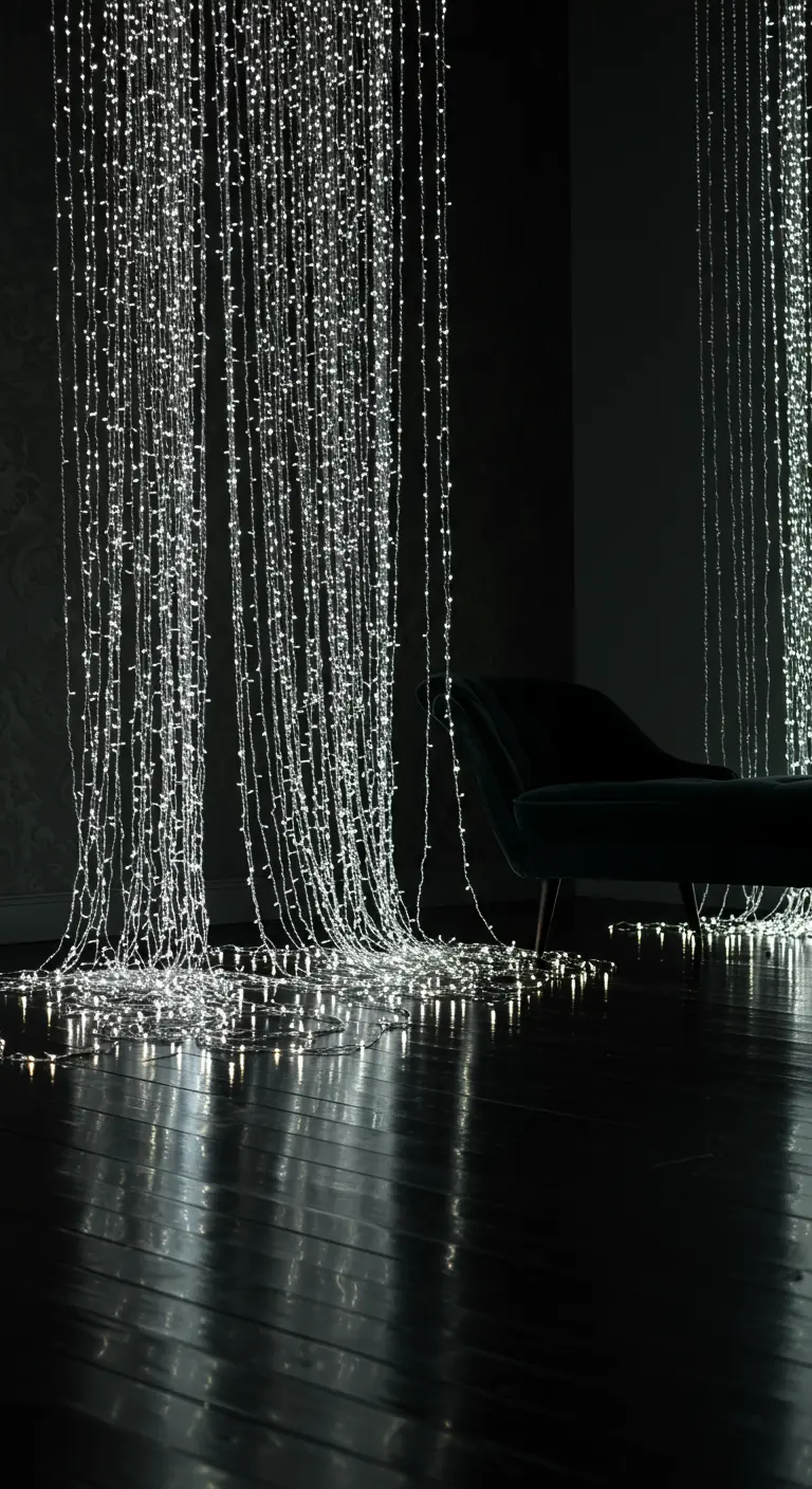 Cortina dramática de luces de hadas blancas que cae desde el techo hasta el suelo