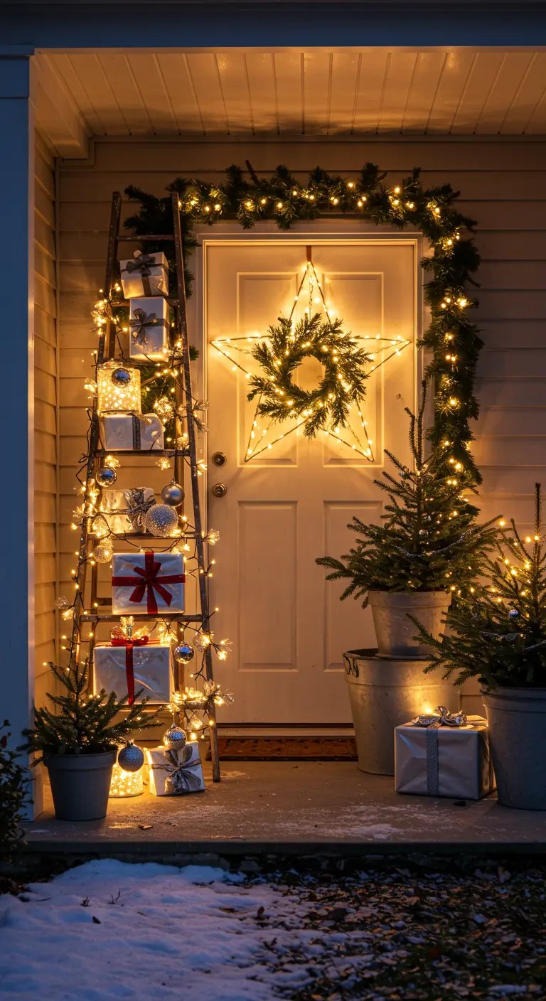 Escalera de madera decorada para Navidad con guirnaldas de luces, regalos envueltos y adornos.