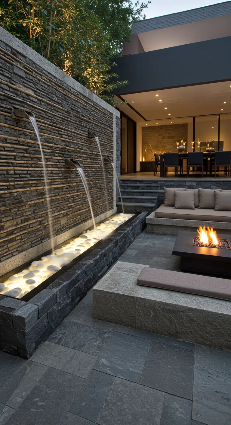 Patio moderno con una pared de piedra de la que caen varias cascadas a un estanque iluminado.