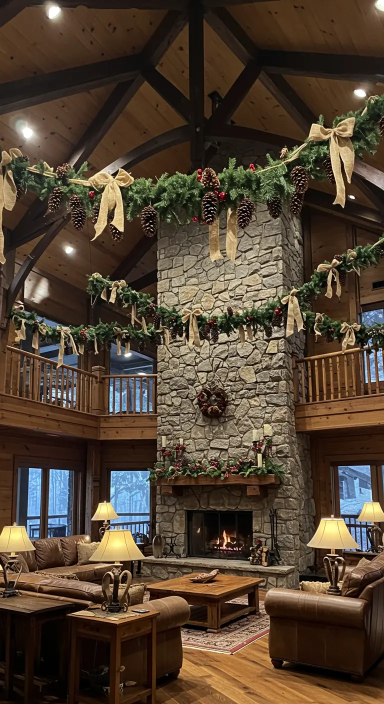 Gran salón con techo de madera y vigas, decorado con guirnaldas colgantes de pino y piñas.