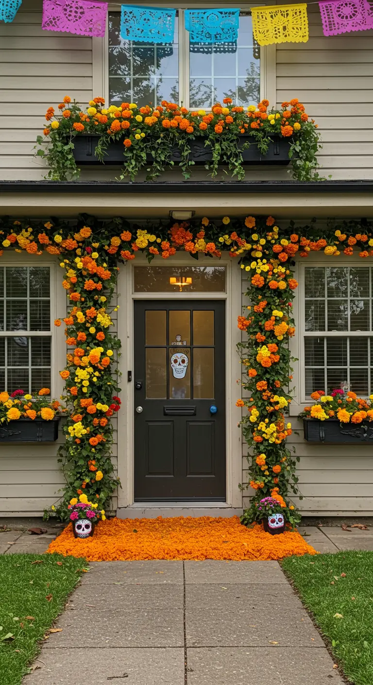 Fachada de una casa con el marco de la puerta y ventanas decorado con guirnaldas de cempasúchil.