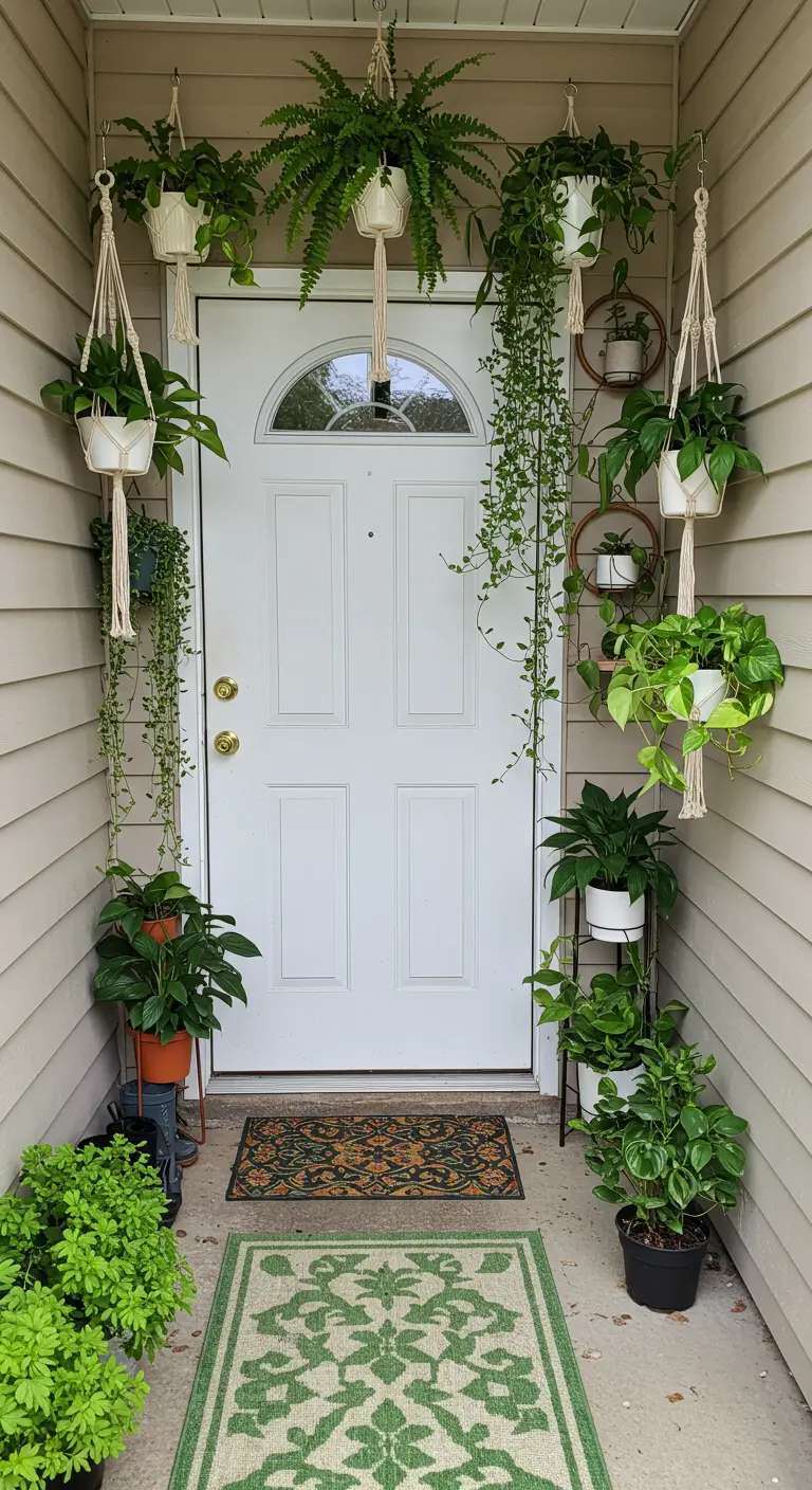 Entrada a una casa completamente rodeada de plantas colgantes en maceteros de macramé.