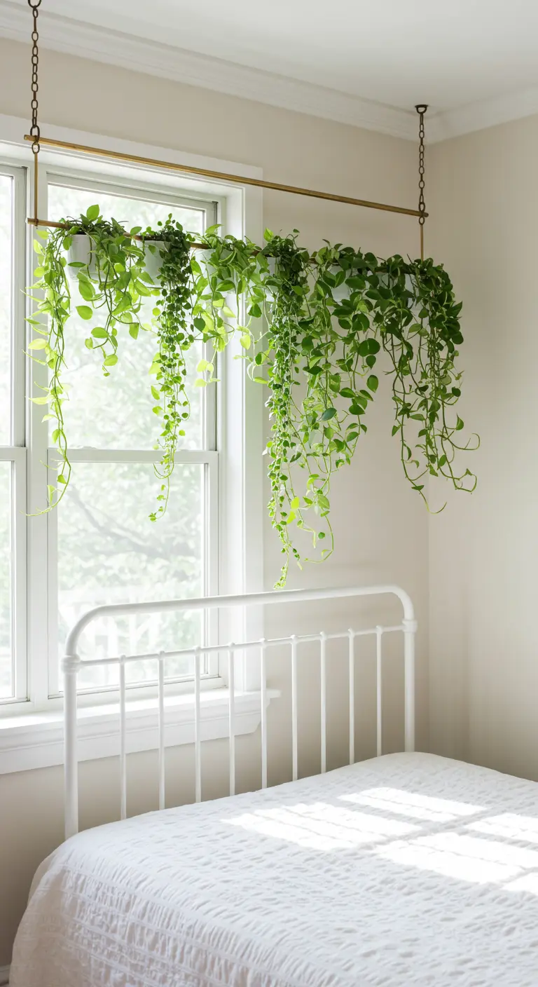 Plantas colgantes en una barra metálica sobre el cabecero de una cama blanca.