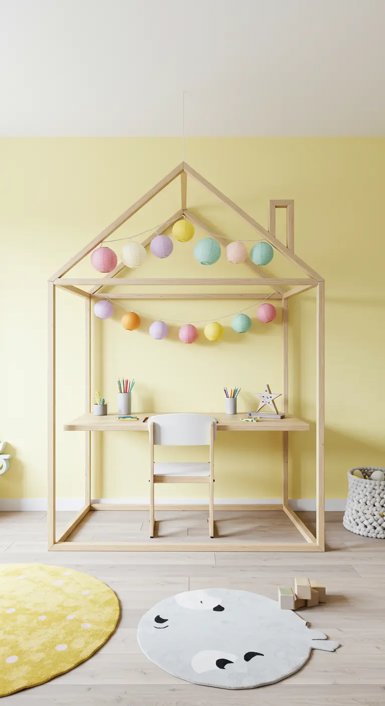 Escritorio infantil dentro de una estructura de madera con forma de casa y guirnalda de farolillos.
