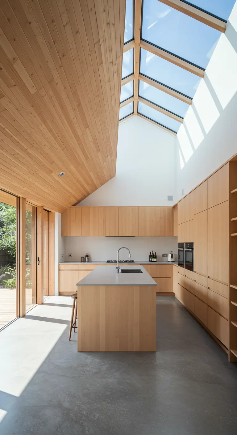 Cocina japonesa con techos altos de madera, tragaluces y suelo de hormigón pulido
