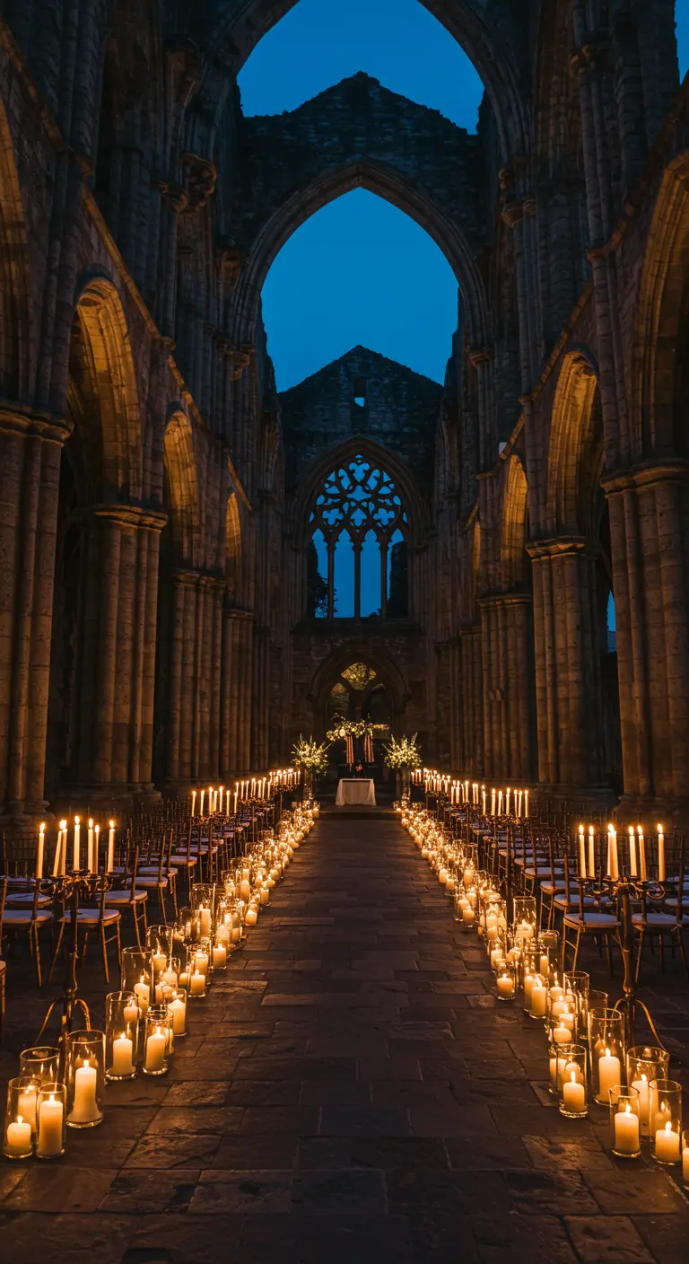 Pasillo de ceremonia en unas ruinas de piedra, iluminado por cientos de velas en el suelo.