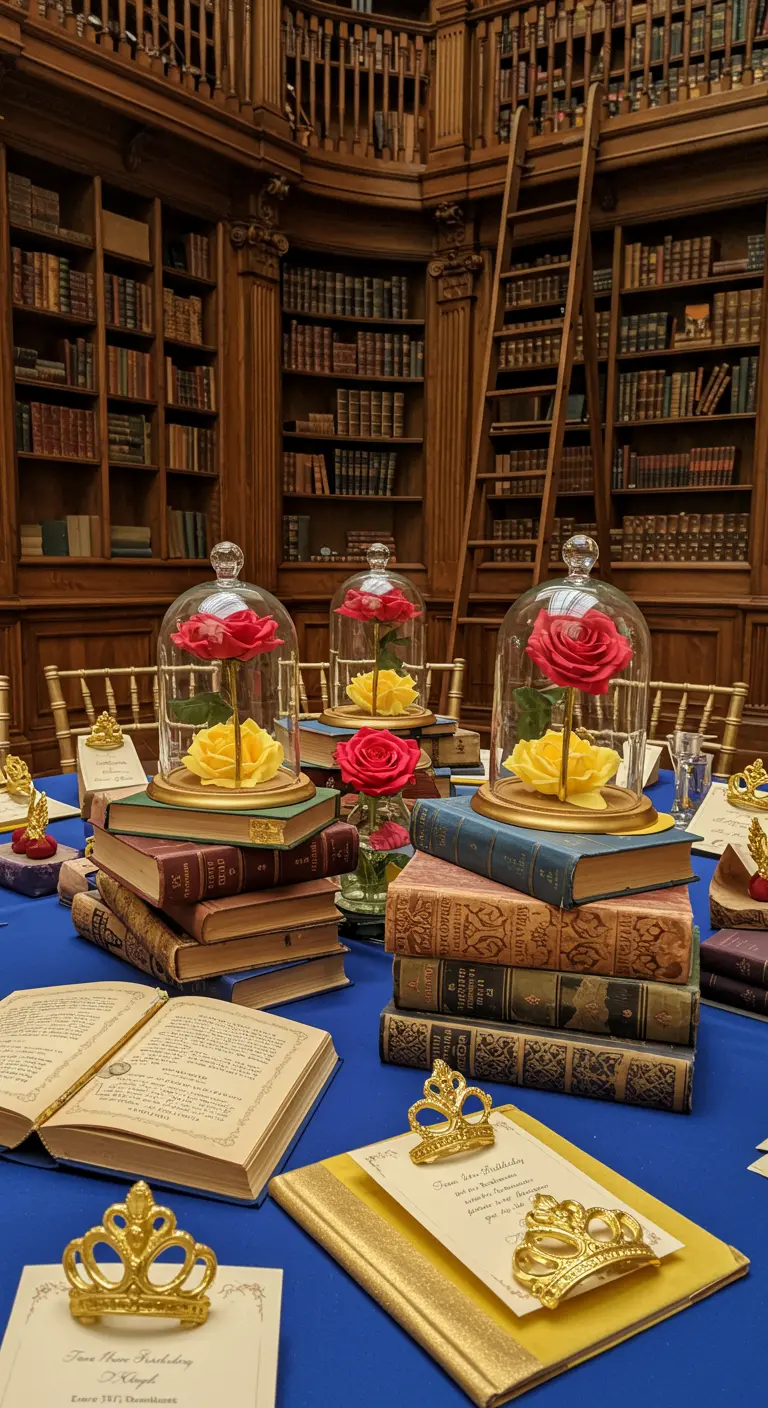 Centros de mesa de La Bella y la Bestia con libros apilados y rosas bajo cúpulas.