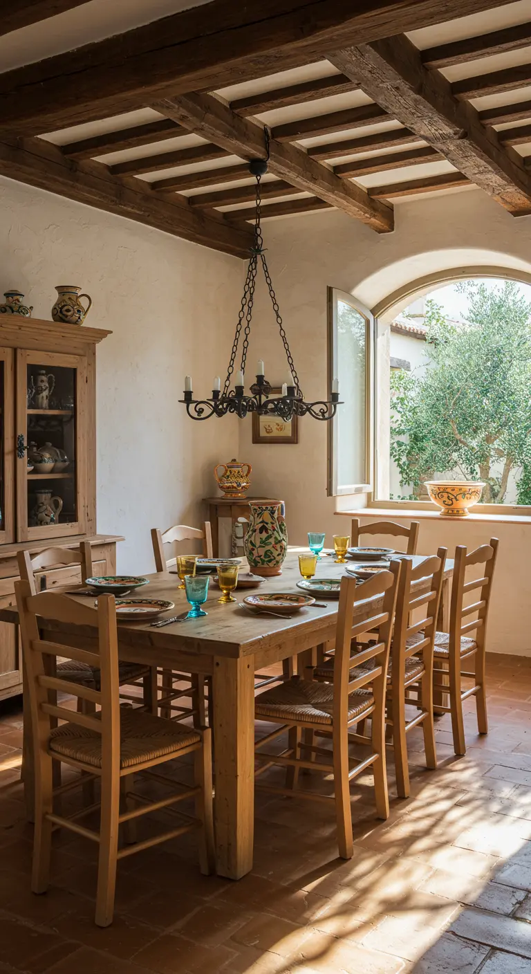 Comedor rústico de estilo toscano con techo de vigas de madera y suelo de terracota