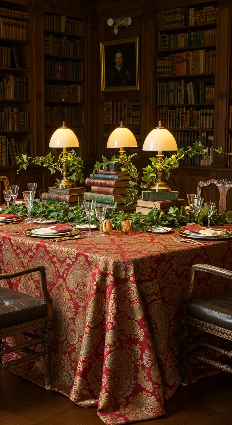 Mesa elegante en una biblioteca con mantel de paisley rojo y dorado, y libros como decoración.