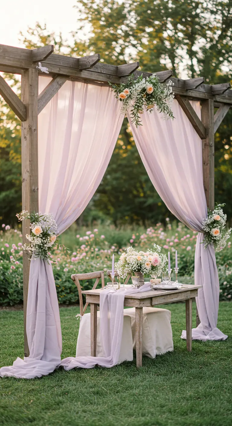 Pérgola de madera decorada con telas de tul lavanda para una cena romántica al aire libre.
