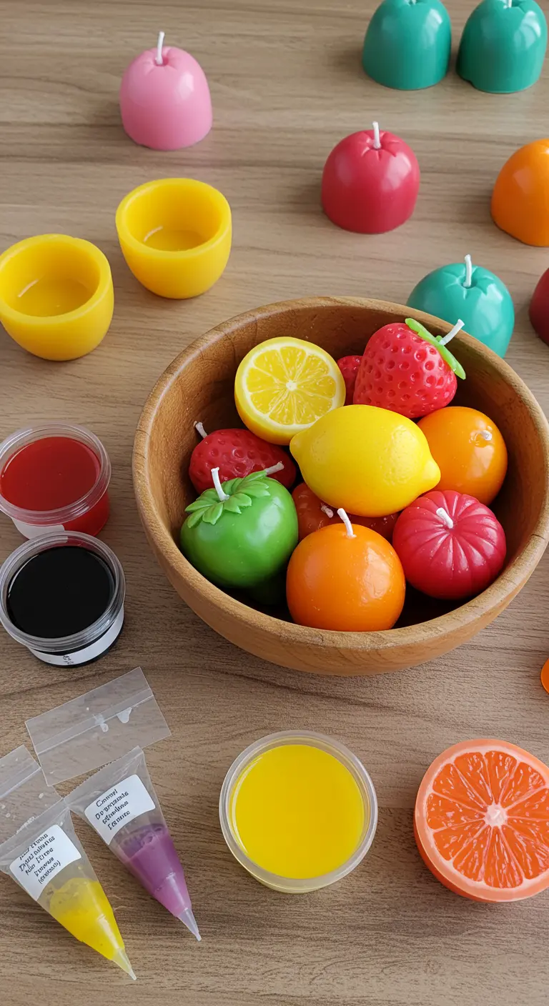Velas caseras con formas y colores de diversas frutas como limones, fresas y naranjas