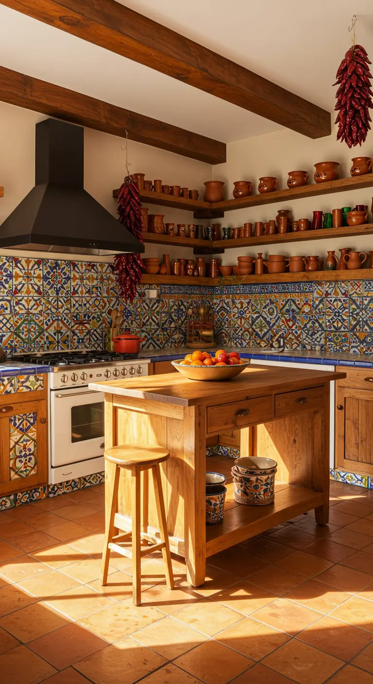 Cocina rústica con azulejos de Talavera, estanterías de madera con cerámica y una isla central.