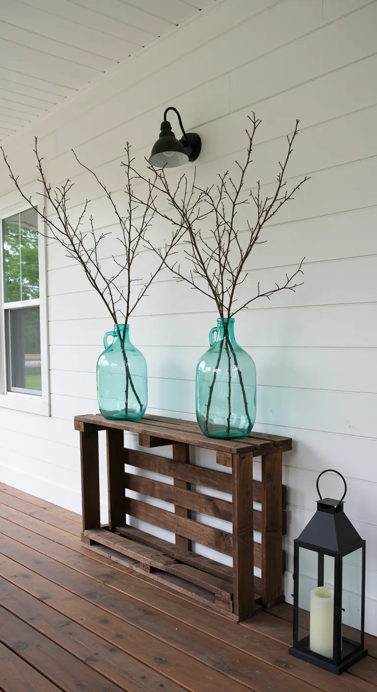 Consola estrecha hecha con un palet de madera de canto, con dos grandes damajuanas de cristal con ramas.