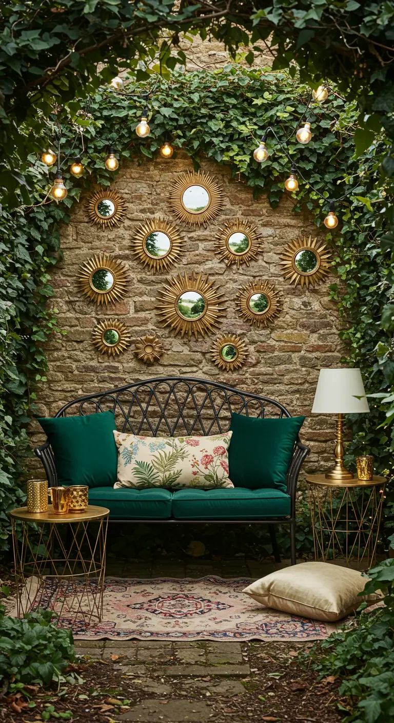 Pared de ladrillo con un banco de forja y una composición de nueve espejos dorados en forma de sol.