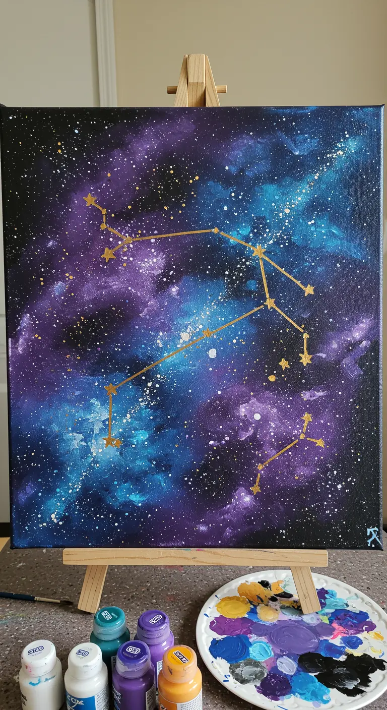 Lienzo que representa una galaxia en tonos azules y morados con una constelación pintada en dorado.