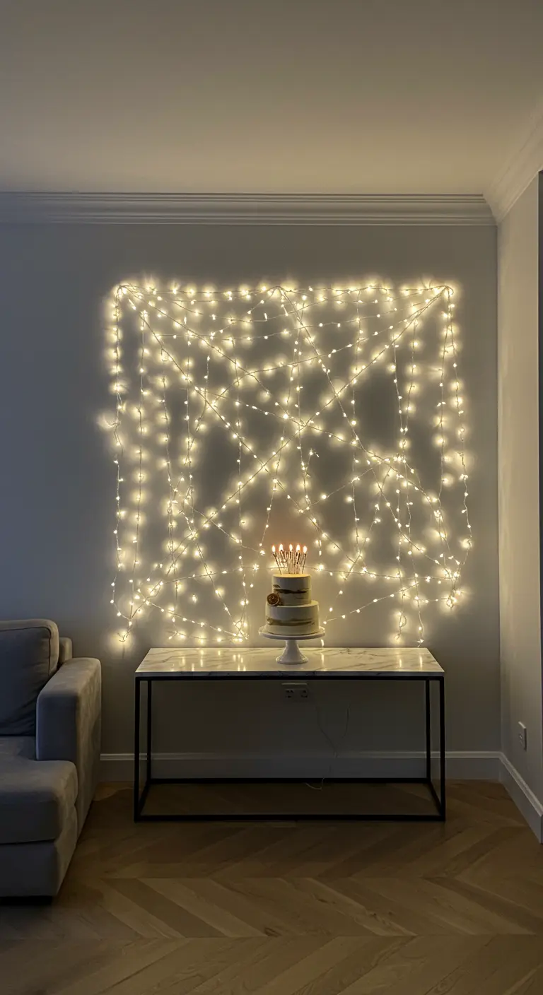 Guirnalda de luces de hadas dispuesta en un patrón geométrico en una pared blanca, detrás de una mesa con una tarta.