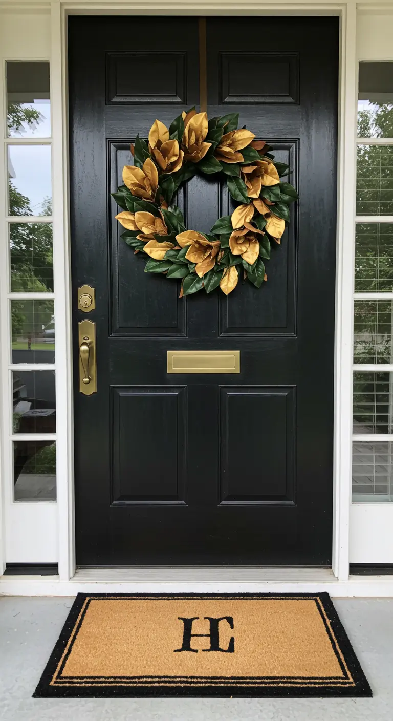 Detalle de una puerta negra con una corona de hojas de magnolio, algunas de ellas pintadas de dorado.