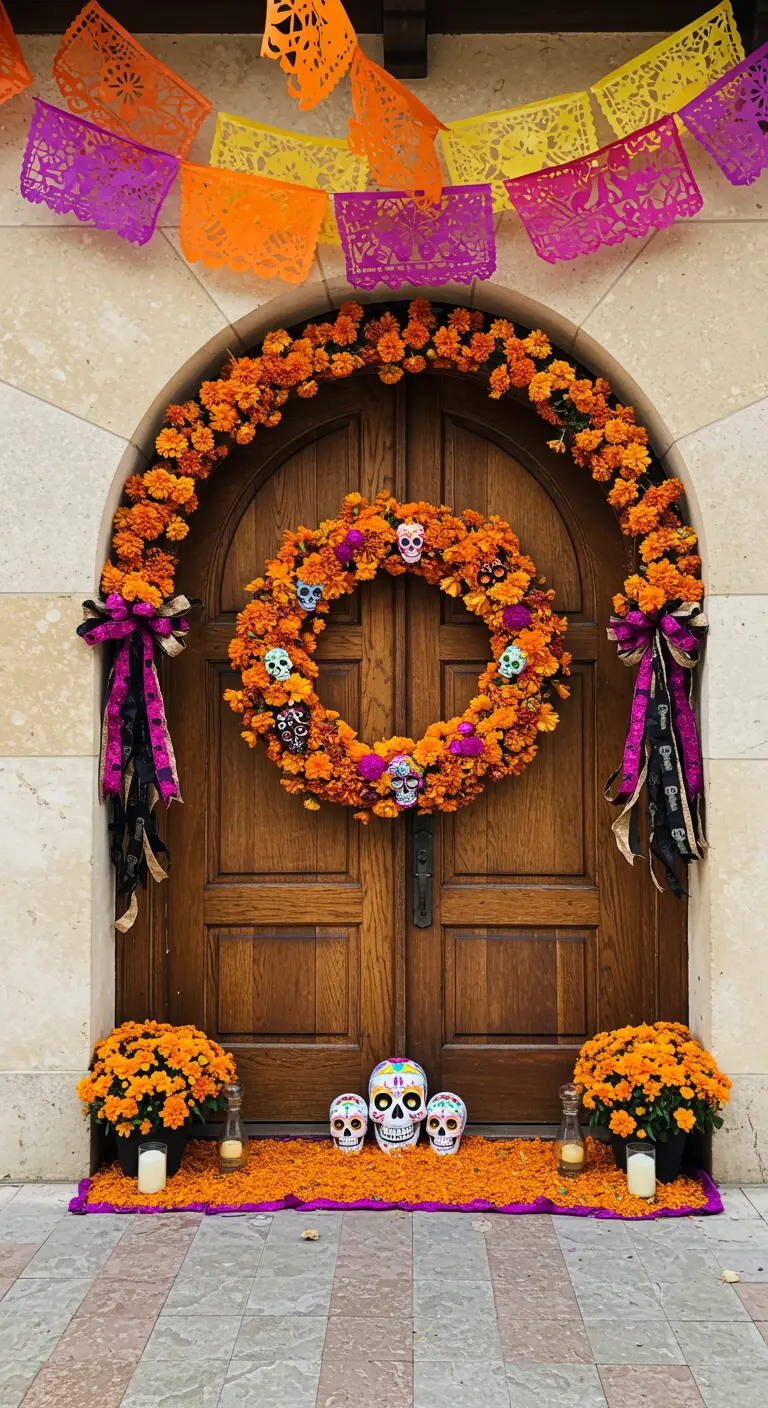 Puerta de madera con una corona extragrande de cempasúchil y calaveras pintadas.