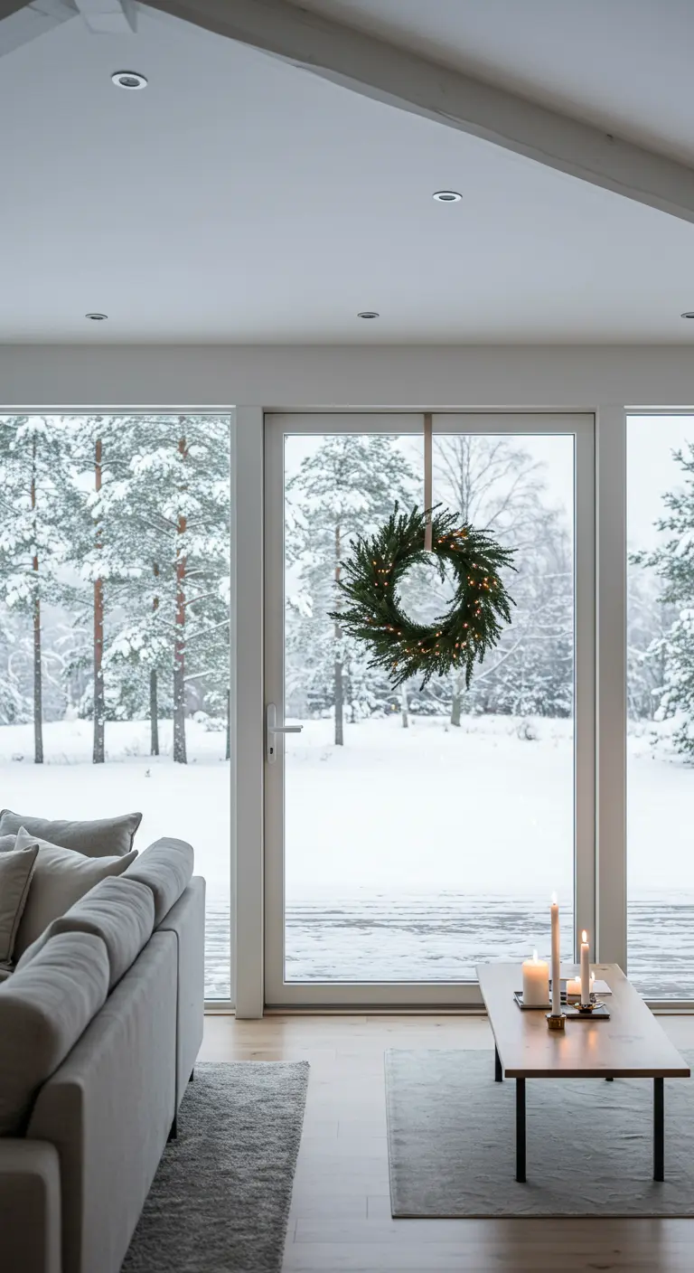 Corona de pino con luces colgada en una puerta de cristal con vistas a un paisaje invernal nevado