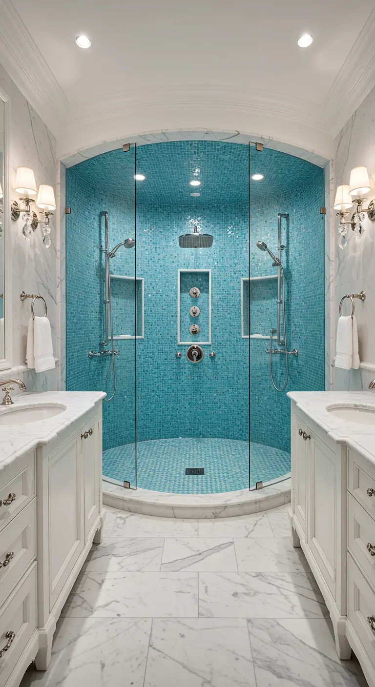 Ducha de obra curva revestida de mosaico turquesa, rodeada de mármol blanco