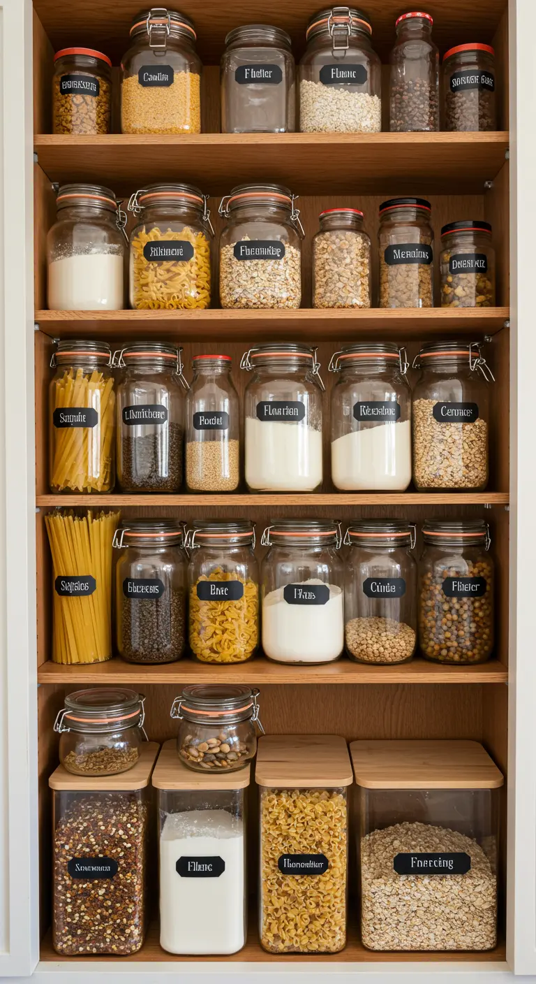 Despensa organizada con alimentos secos en frascos de vidrio etiquetados.