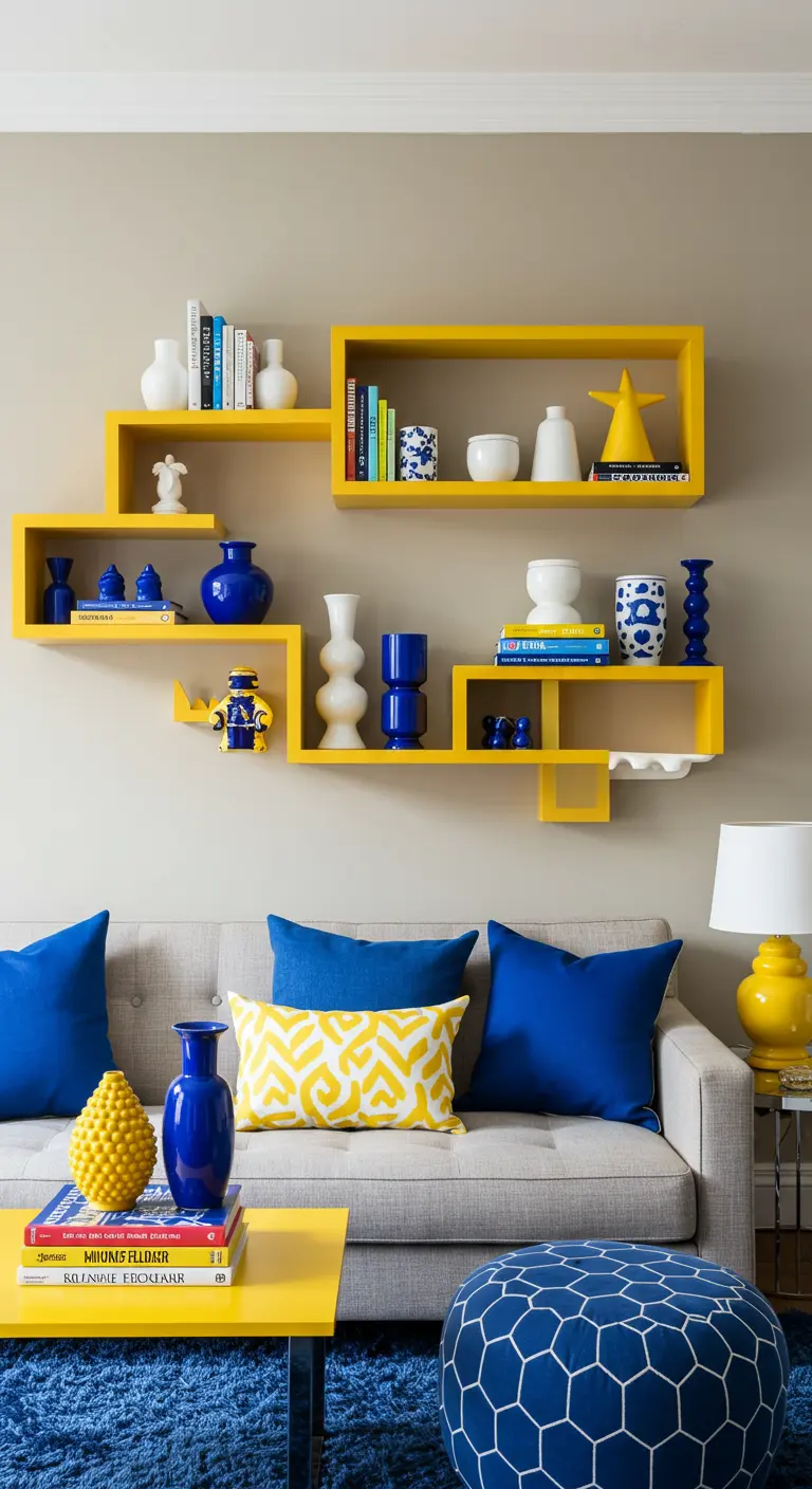 Estanterías flotantes asimétricas de color amarillo vivo con adornos en azul y blanco.