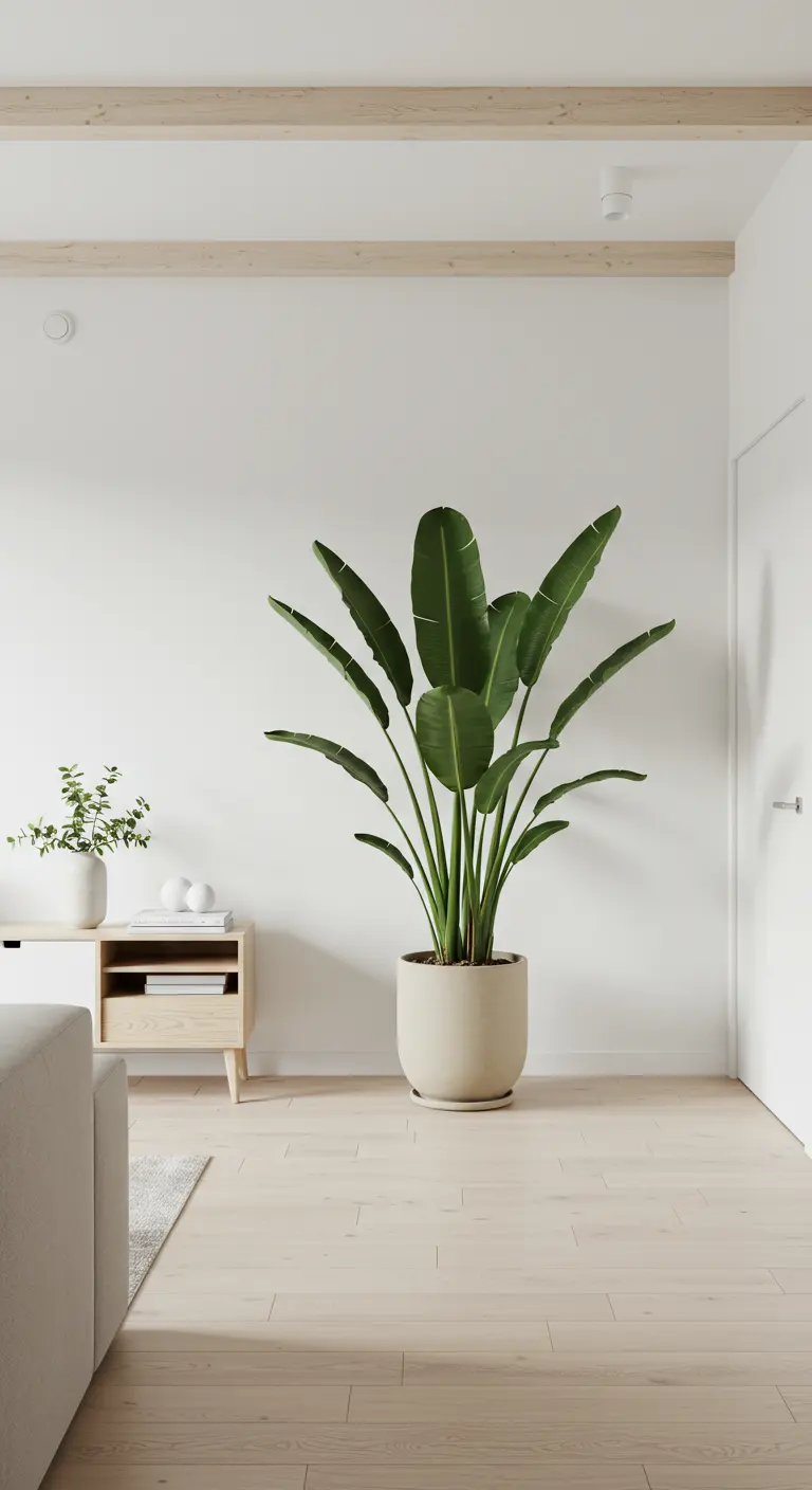 Una gran planta de interior con hojas verdes en una maceta clara junto a un mueble de madera