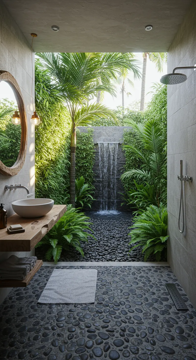 Ducha abierta con una cascada, suelo de piedras y paredes de vegetación