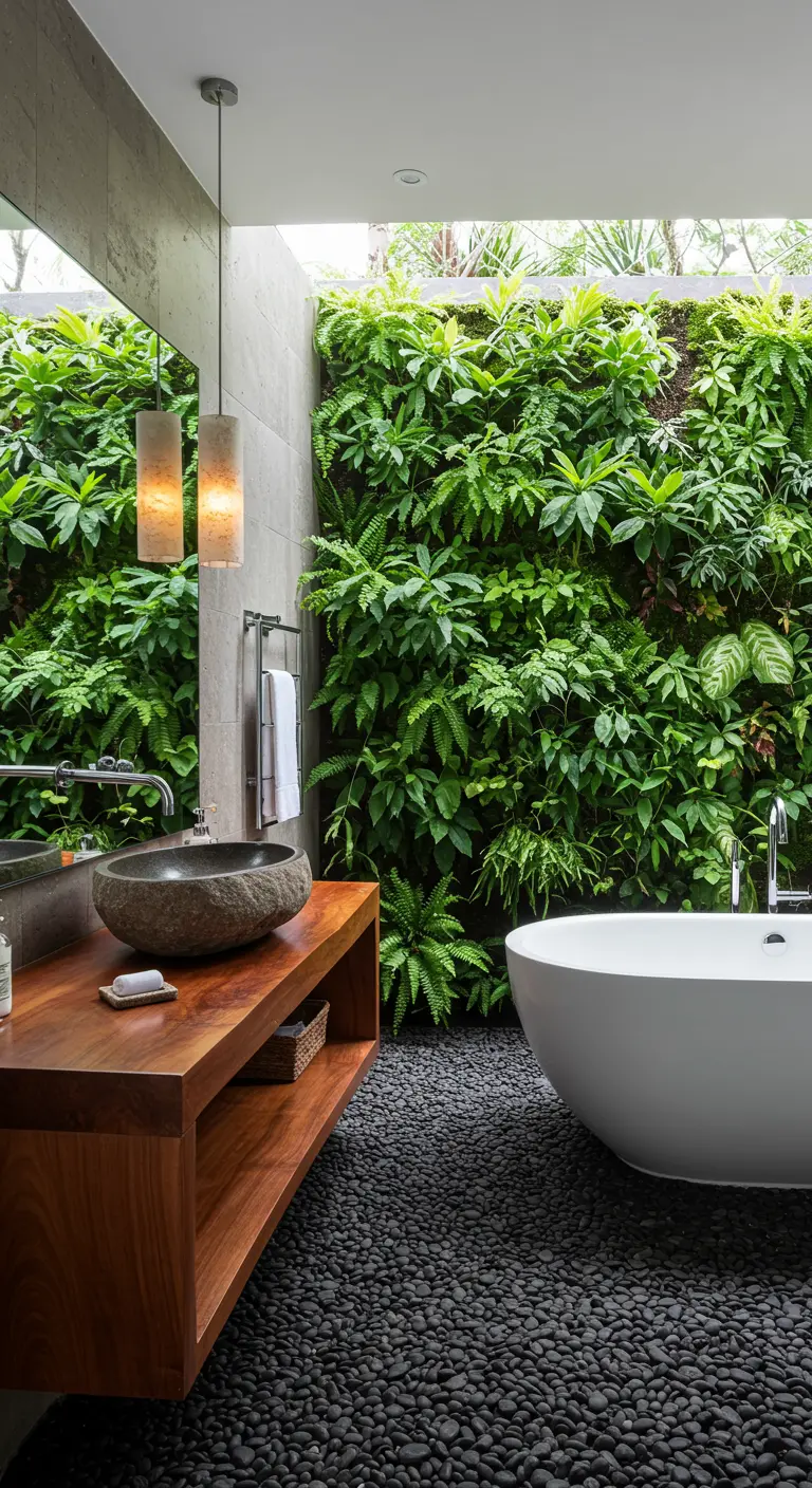 Baño con pared de jardín vertical, suelo de cantos rodados negros y lavabo de piedra natural.
