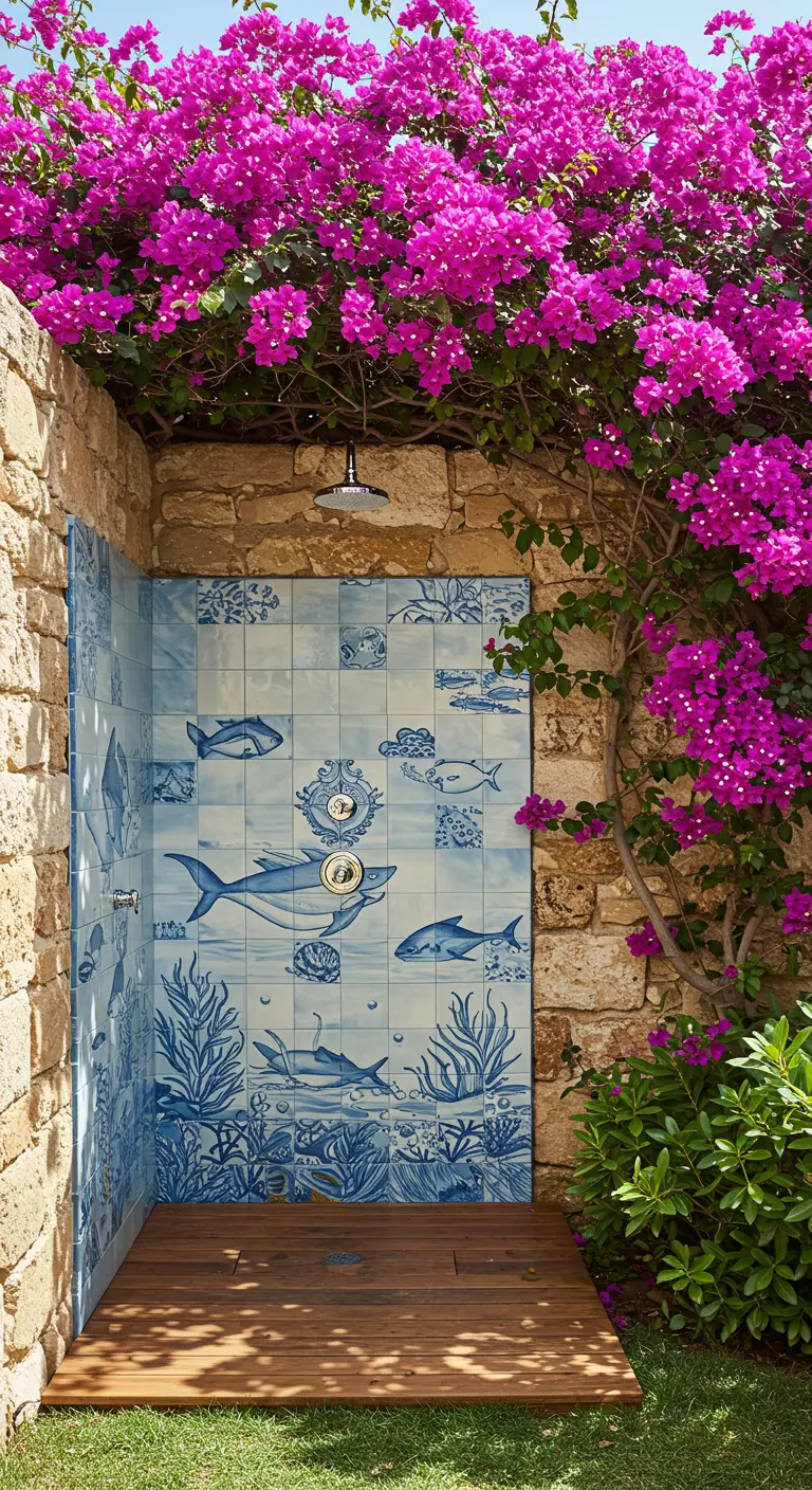 Ducha exterior en una esquina de piedra, con las paredes alicatadas con azulejos con motivos de peces.