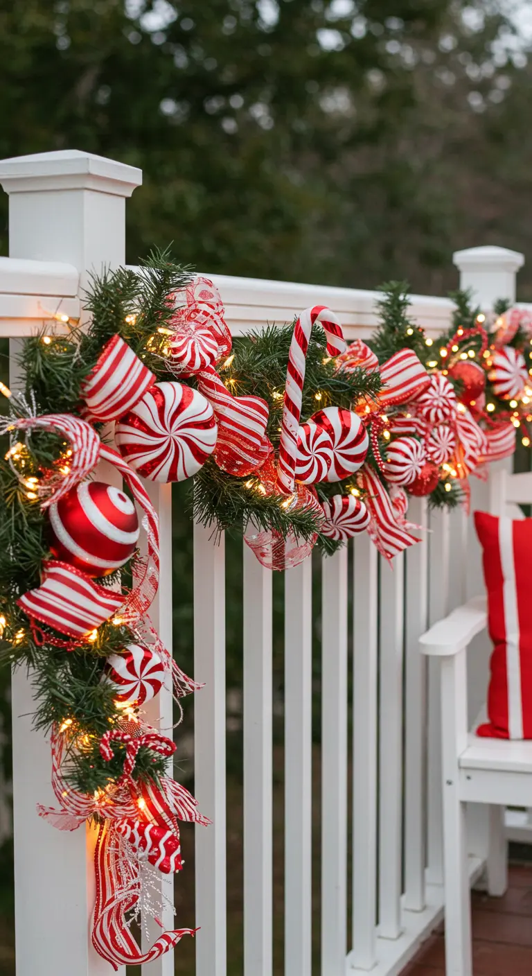 Guirnalda navideña en barandilla blanca con adornos de bastón de caramelo rojos y blancos.