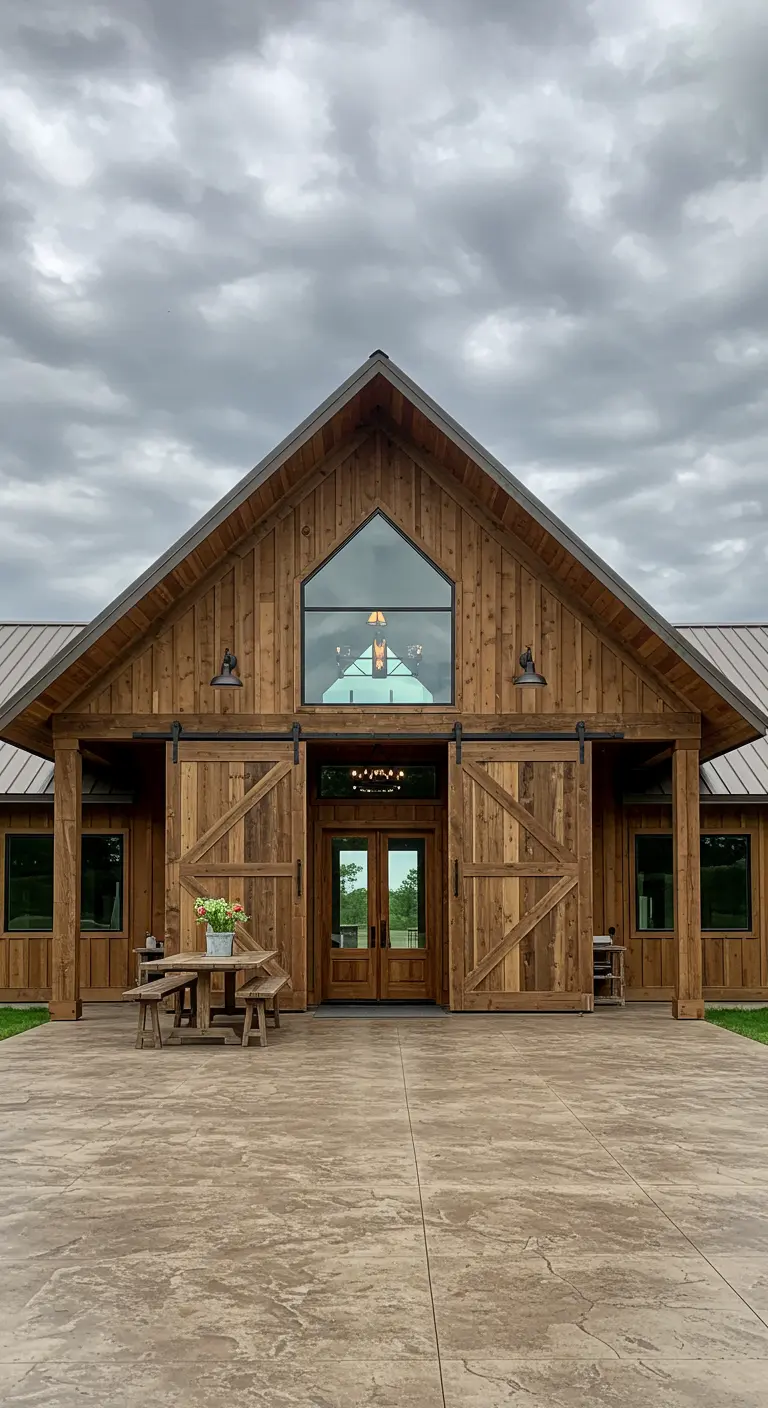 Impresionante entrada de una casa de madera con dos enormes puertas de granero corredizas.