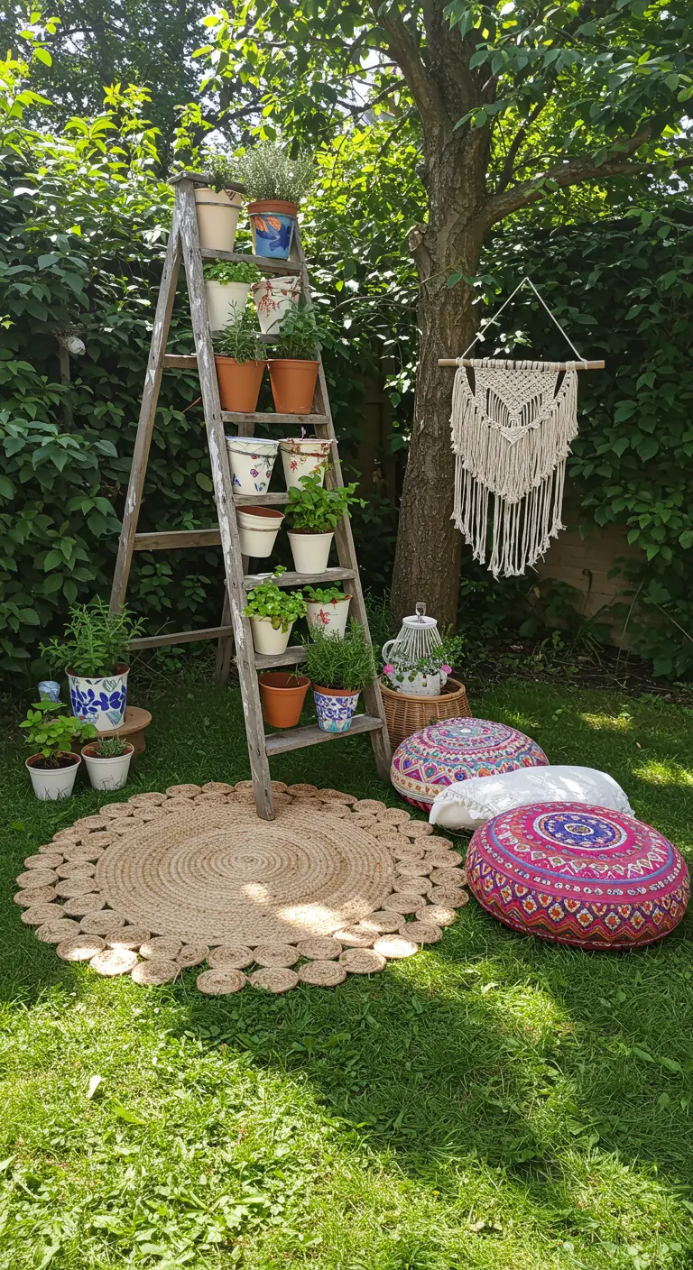 Escalera de madera vieja usada como estantería para macetas con hierbas en un jardín.