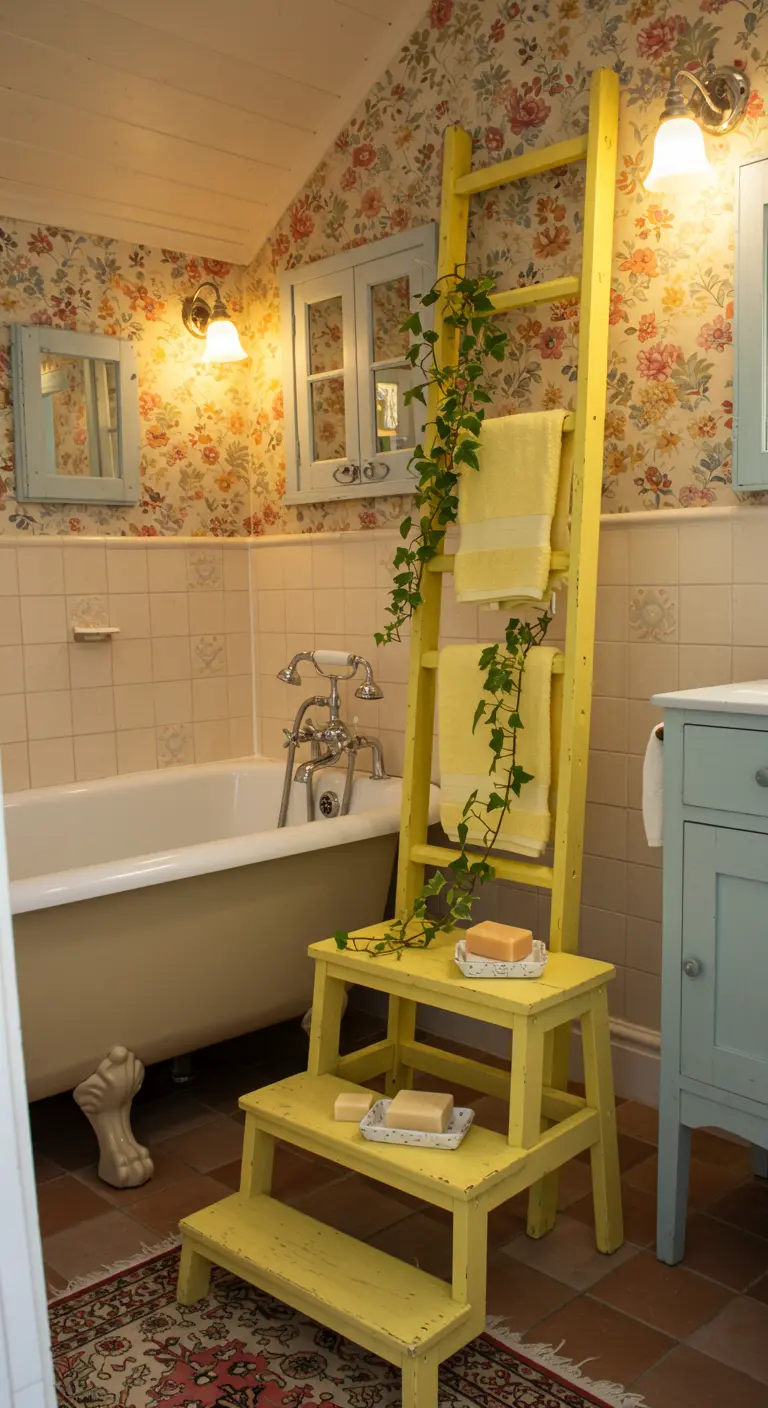 Baño de estilo cottage con una escalera de pintor amarilla usada como toallero y estantería.