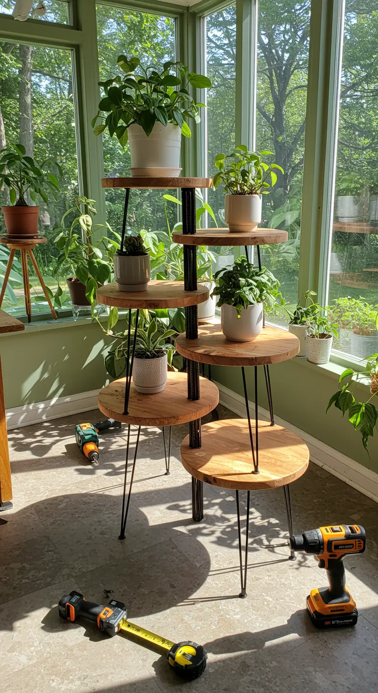 Soporte para plantas de varios niveles con baldas circulares de madera y patas de horquilla.