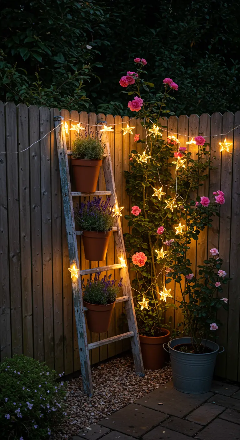 Vieja escalera de madera usada como estantería para macetas, decorada con luces solares en forma de estrella.