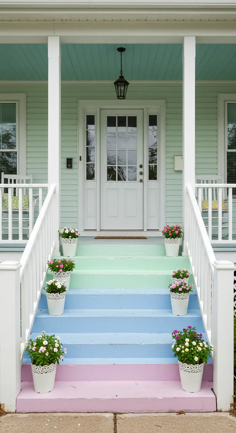 Escalera de entrada pintada en un degradado de colores pastel, desde el rosa hasta el azul.