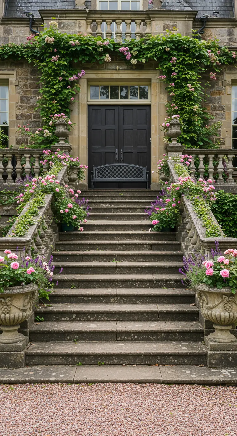 Gran escalera de piedra flanqueada por balaustradas cubiertas de rosales y lavanda.