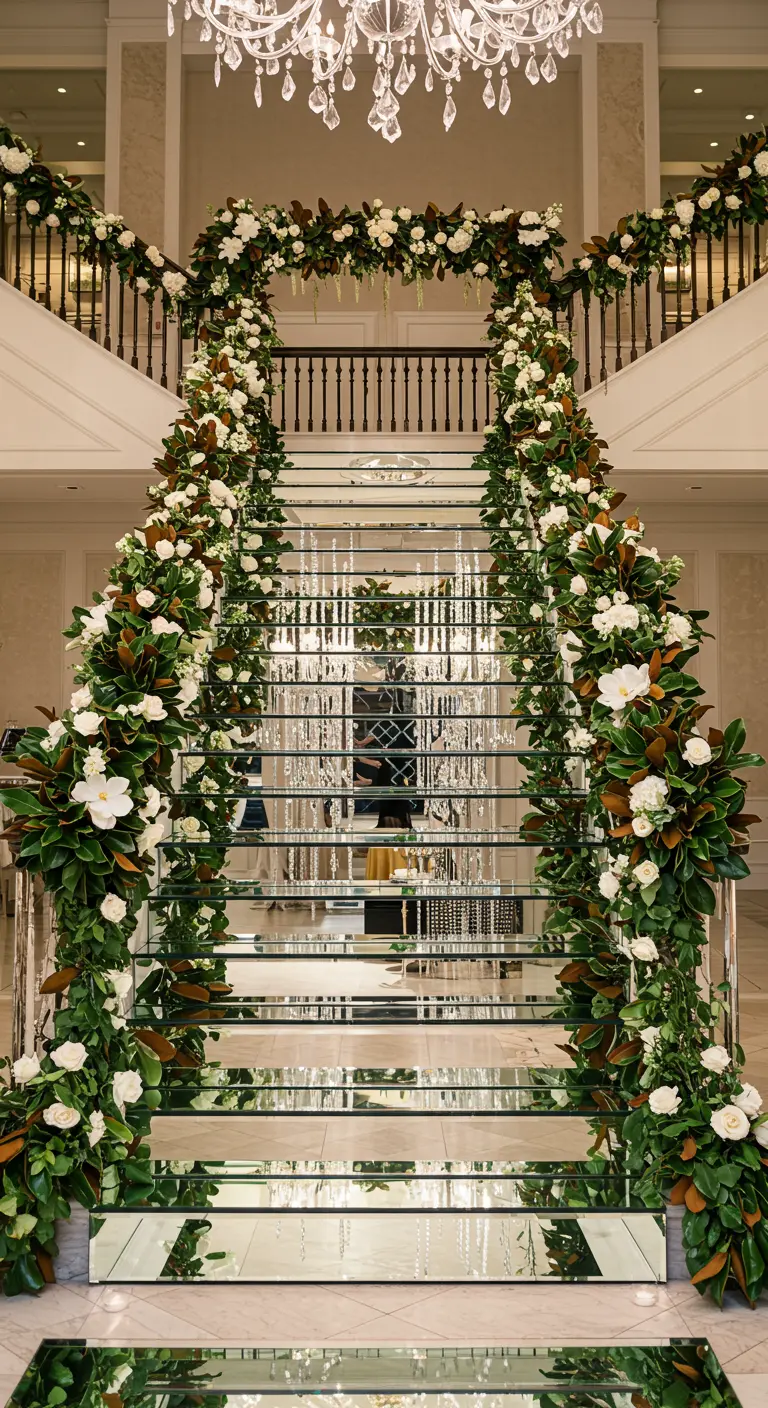 Impresionante escalera con peldaños de espejo, decorada con opulentas guirnaldas de flores blancas.