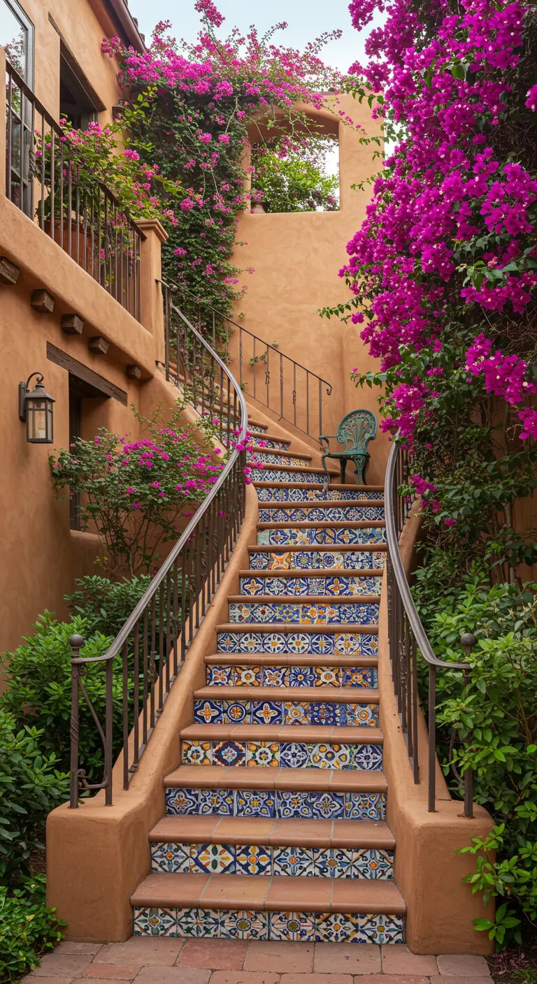 Escalera exterior con contrahuellas de talavera, barandilla de hierro y buganvillas.