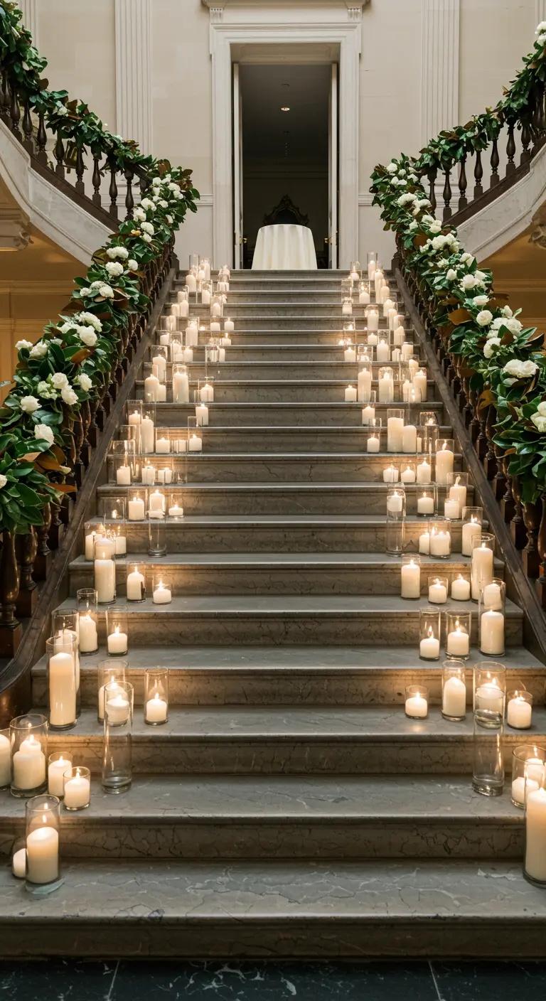 Gran escalera de mármol decorada con cientos de velas y guirnaldas de flores blancas.